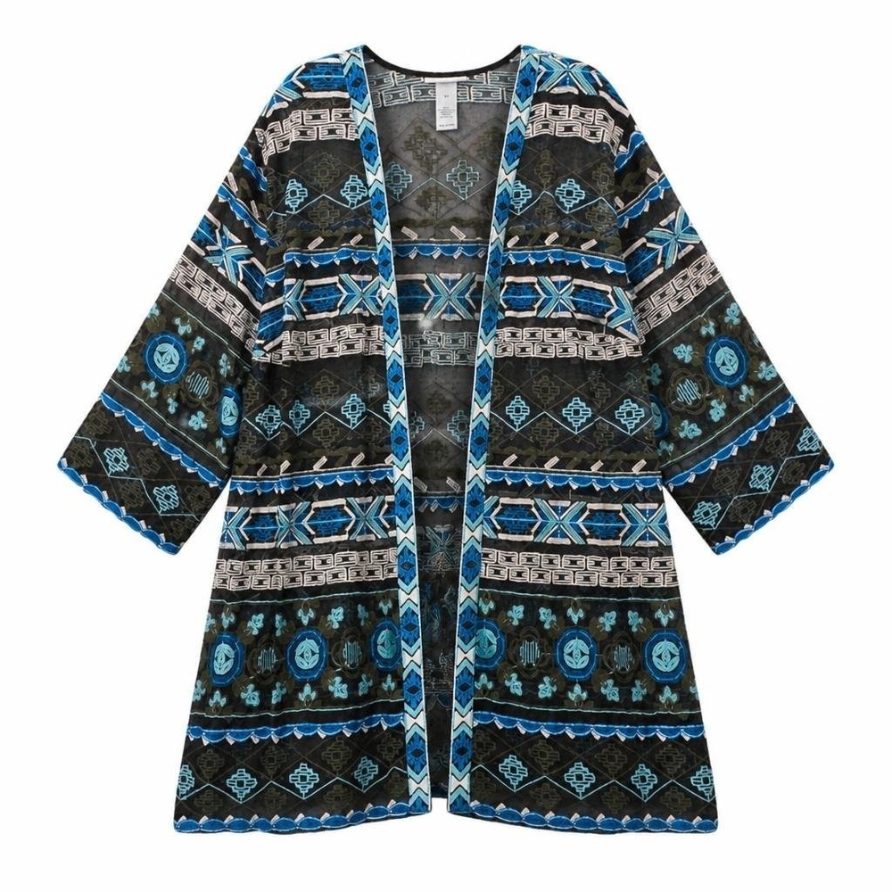 Catherines Kimono Womens 4X Black Boho Cardigan Duster Embroidered Aztec Navajo